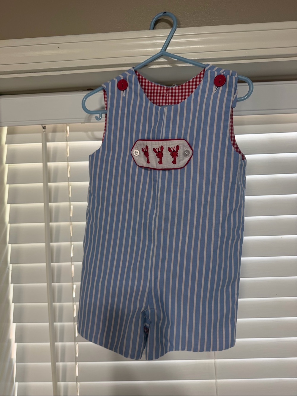 Blue Stripe Boys' Shortall with Red Embroidery